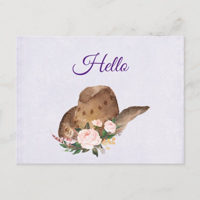 Cartão Postal Brown Cowgirl Hat com Flores Rosa Olá (Frente)