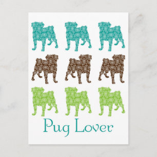 Cartão Postal Brown, Green e Teal Paisley Pugs