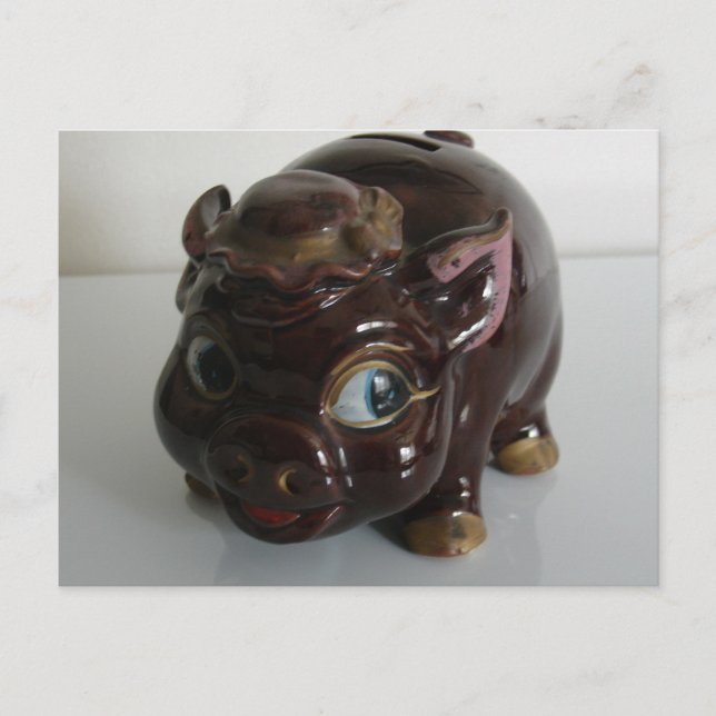 Cartão Postal Brown Pig Piggy Bank (Frente)