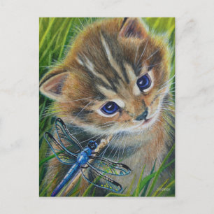 Cartão Postal Brown Tabby Kitten & Dragonfly Watercolor Art