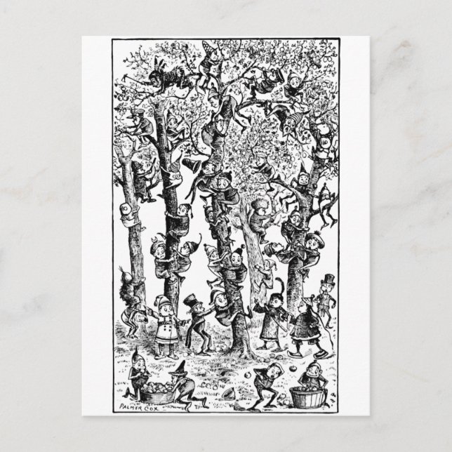 Cartão Postal Brownies colhendo maçãs no pomar (Frente)