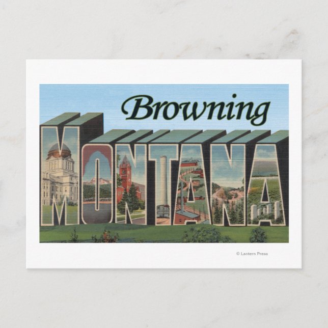 Cartão Postal Browning, Montana - Cenas com Letras Grandes (Frente)