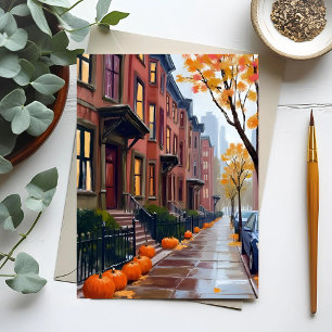 Cartão Postal Brownstones de Outono em Boston Aguarela de Abóbor