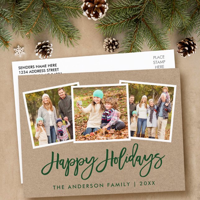 Cartão Postal Bruch Script 3 Photo Family Holiday Kraft Kraft (Customize to change your personalized text size or text style.)