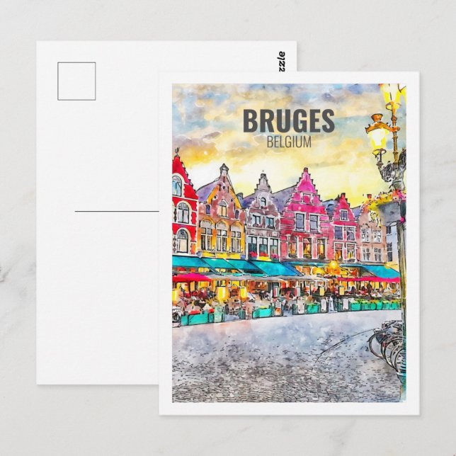 Cartão Postal Bruges Belgium Famoso Viagem Watercolor Sketch (Frente/Verso)