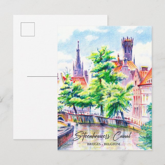 Cartão Postal Bruges Belgium Watercolor Viagem (Frente/Verso)