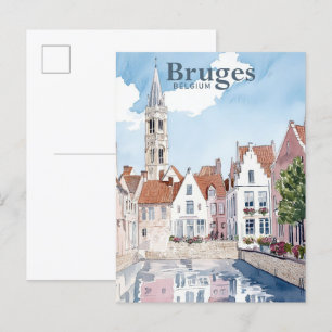 Cartão Postal Bruges Belgium Watercolor Viagem