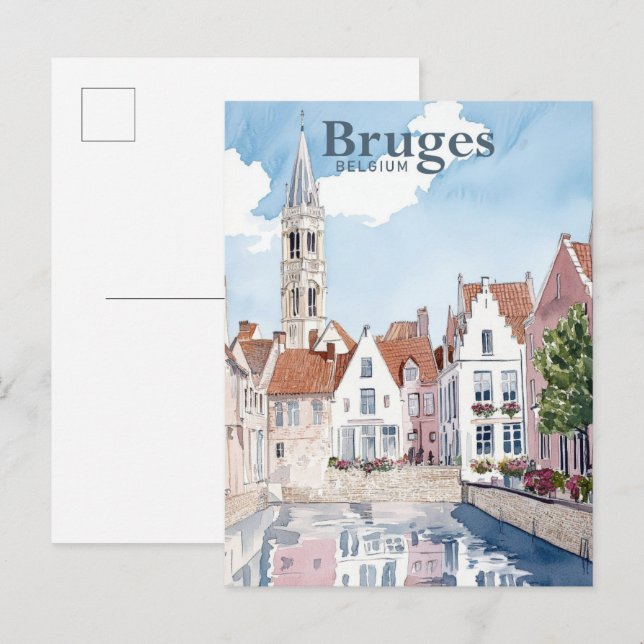 Cartão Postal Bruges Belgium Watercolor Viagem (Frente/Verso)