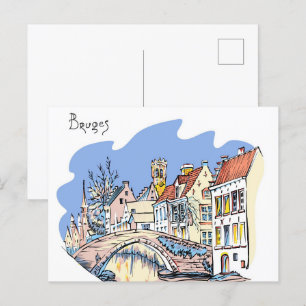 Cartão Postal Bruges Canal Belgium Ilustration Viagem