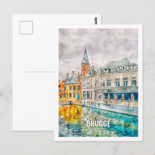 Cartão Postal Brugge Belgium Familiar Viagem Place Watercolor