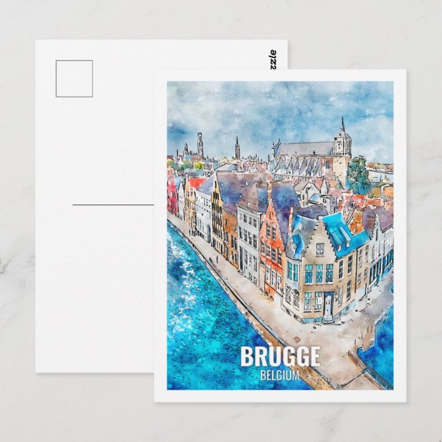 Cartão Postal Brugge Belgium Viagem Place Watercolor (Frente/Verso)