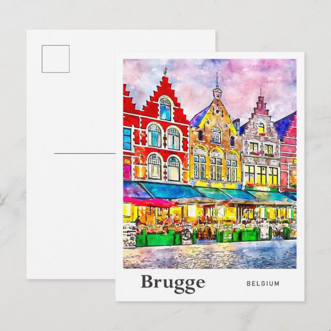 Cartão Postal Brugge Belgium Viagem Watercolor Drawn (Frente/Verso)