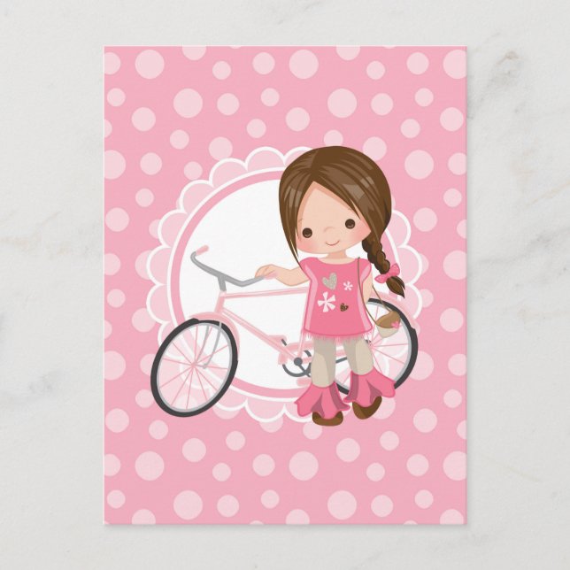 Cartão Postal Brunette Bicicleta Menina - Rosa Branco (Frente)