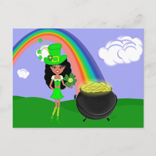 Cartão Postal Brunette Girl Leprechaun do dia de Pat da rua com  (Frente)
