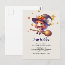 Cartão Postal Bruxa Adorável Voando com Vassoura, Halloween