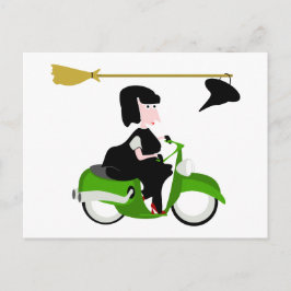 Cartão Postal Bruxa Andando Uma Mopada Verde