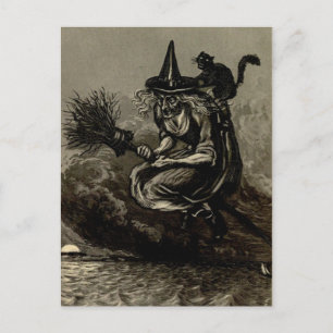 Cartão Postal Bruxa Antiquada de Engrenação na Broom