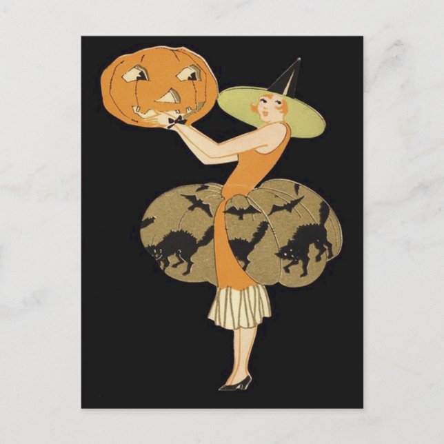 Cartão Postal Bruxa Art Déco Abóbora Jack O Lantern Gato Preto (Frente)