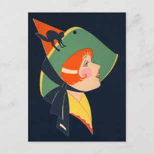 Cartão Postal Bruxa Art Déco Gato Preto