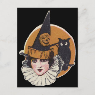 Cartão Postal Bruxa Art Déco Jack O Lanterna Abóbora Coruja