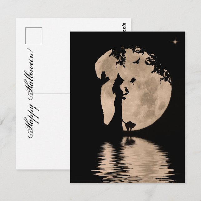 Cartão Postal Bruxa Bonita de Halloween com Familiares (Frente/Verso)