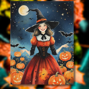 Cartão Postal Bruxa Bonita de Halloween dos Anos 40