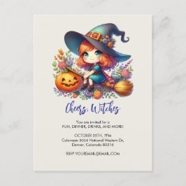 Cartão Postal bruxa bonita vestida de azul, Halloween