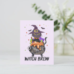 Cartão Postal Bruxa Brew - Gato de Bruxas de Halloween em um Cal