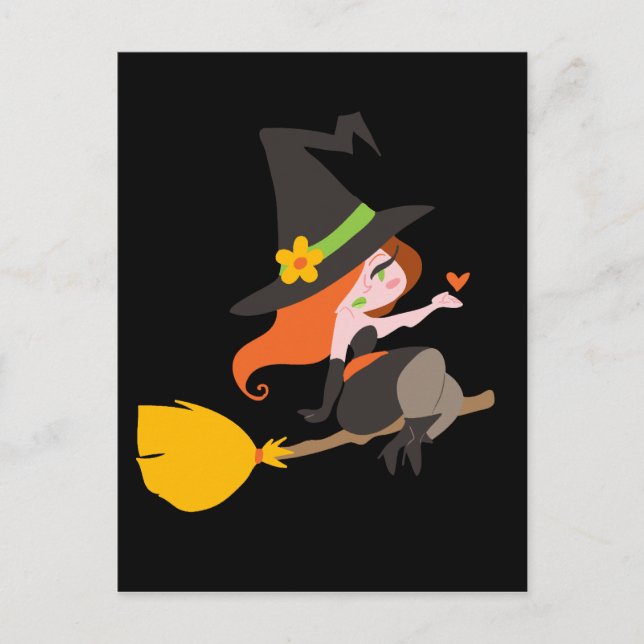 Cartão Postal Bruxa cavalgando uma vassoura (Frente)