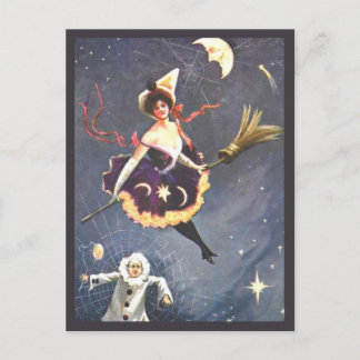 Cartão Postal Bruxa com Palhaço e Aranha Webs Vintage Halloween
