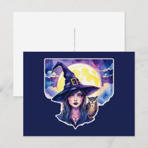 Cartão Postal Bruxa com uma Coruja - Diversão de Fã de Halloween