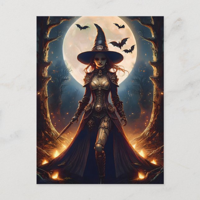 Cartão Postal Bruxa da Floresta Steampunk do Halloween (Frente)