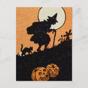 Cartão Postal Bruxa da Hora das Bruxas Gato Preto Abóbora de Hal