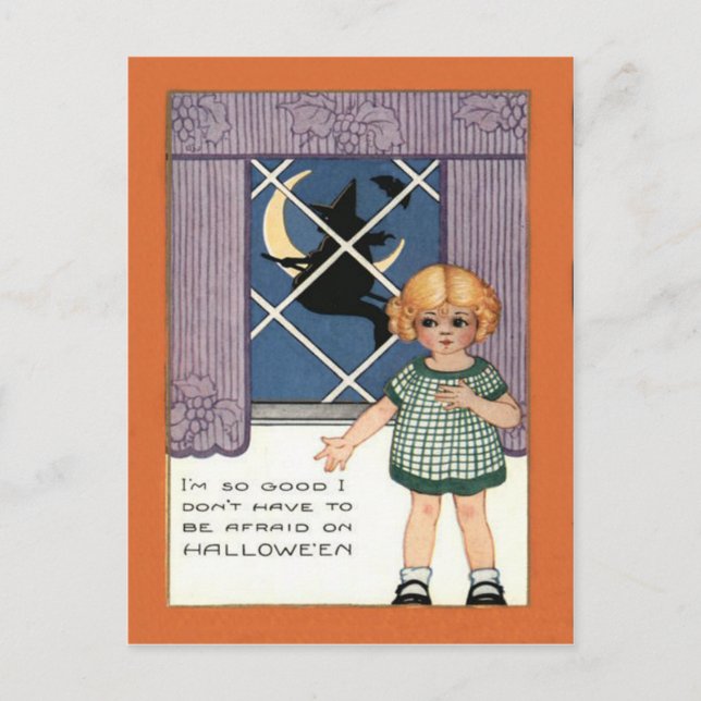 Cartão Postal Bruxa da Janela da Menina Lua Crescente Morcego (Frente)