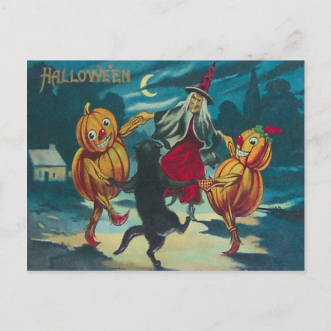 Cartão Postal Bruxa Dançarina Jack O' Lantern Monstro Gato Preto (Frente)