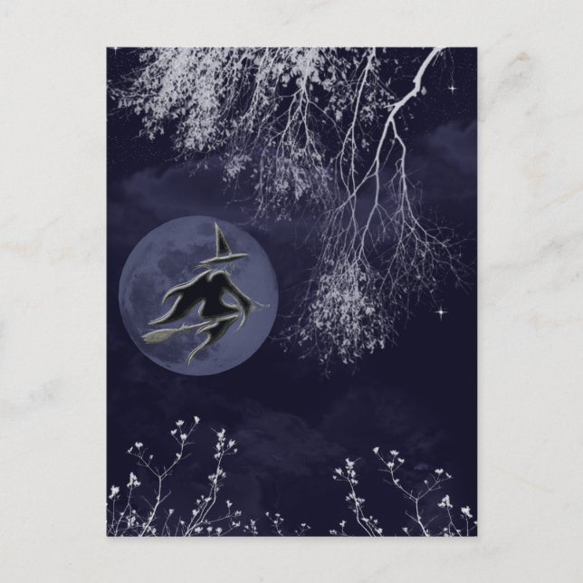 Cartão Postal Bruxa das Halloween e Lua (Frente)