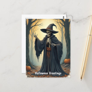 Cartão Postal Bruxa de Esqueleto Spookie no Halloween da Florest