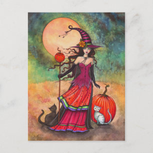 Cartão Postal Bruxa de Gato da Lua de Outubro Fantasia de Arte d