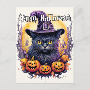 Cartão Postal Bruxa de Gato Gato Bonito   Halloween