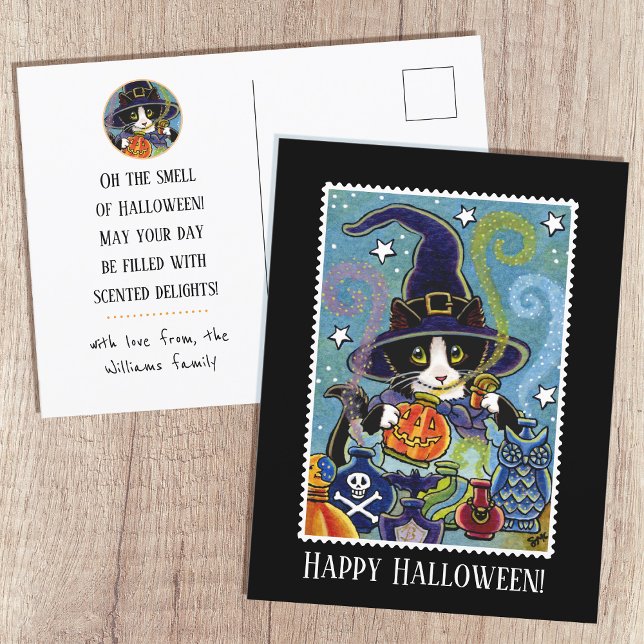 Cartão Postal Bruxa de Gato Personalizada do Cheiro de Halloween (Criador carregado)