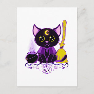 Cartão Postal Bruxa de Gato Preto de Halloween Fofo