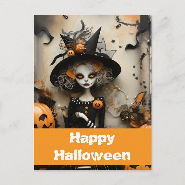 Cartão Postal Bruxa de Halloween com abóboras (Frente)