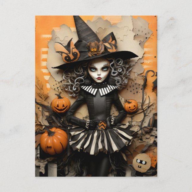 Cartão Postal Bruxa de Halloween com abóboras (Frente)