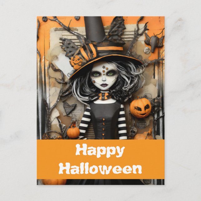 Cartão Postal bruxa de Halloween com abóboras (Frente)