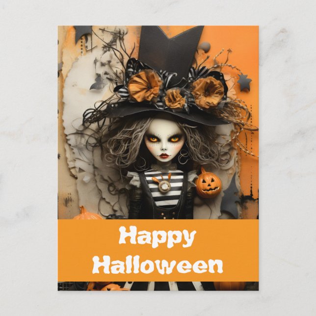 Cartão Postal bruxa de Halloween com abóboras (Frente)
