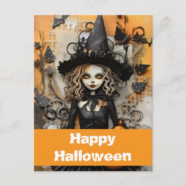 Cartão Postal Bruxa de Halloween com abóboras (Frente)