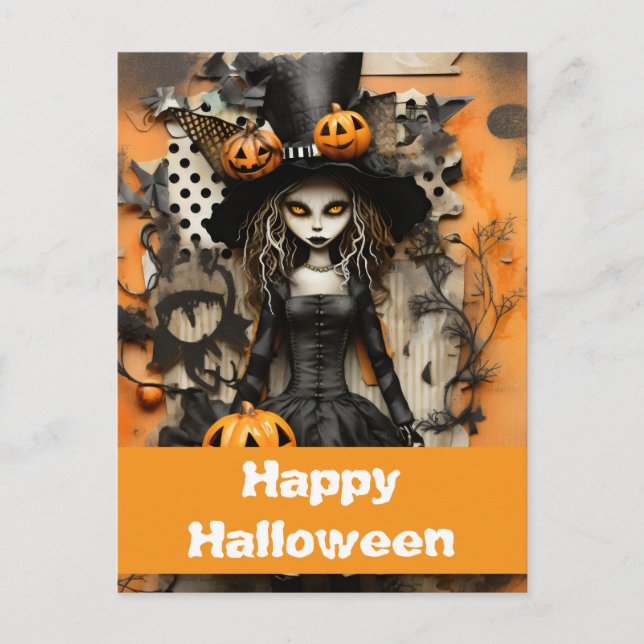 Cartão Postal bruxa de Halloween com abóboras (Frente)
