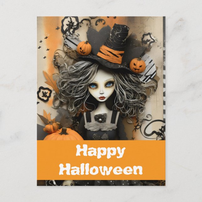 Cartão Postal bruxa de Halloween com abóboras (Frente)