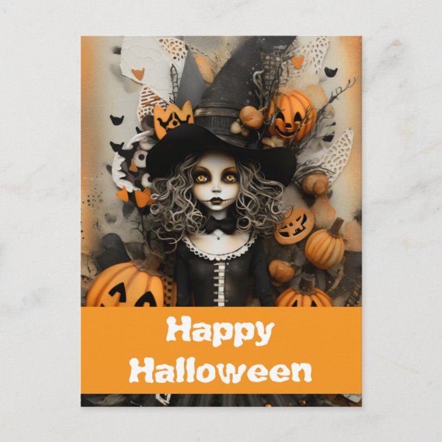 Cartão Postal bruxa de Halloween com abóboras (Frente)