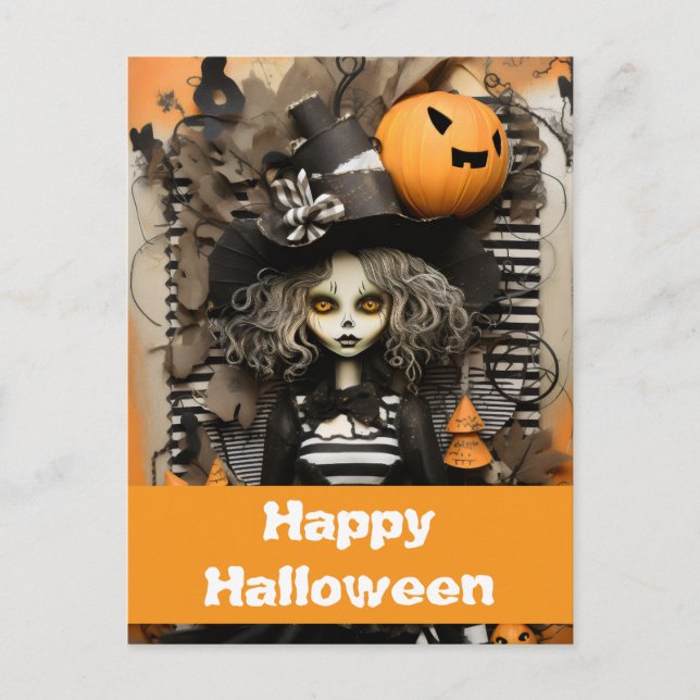 Cartão Postal bruxa de Halloween com abóboras (Frente)